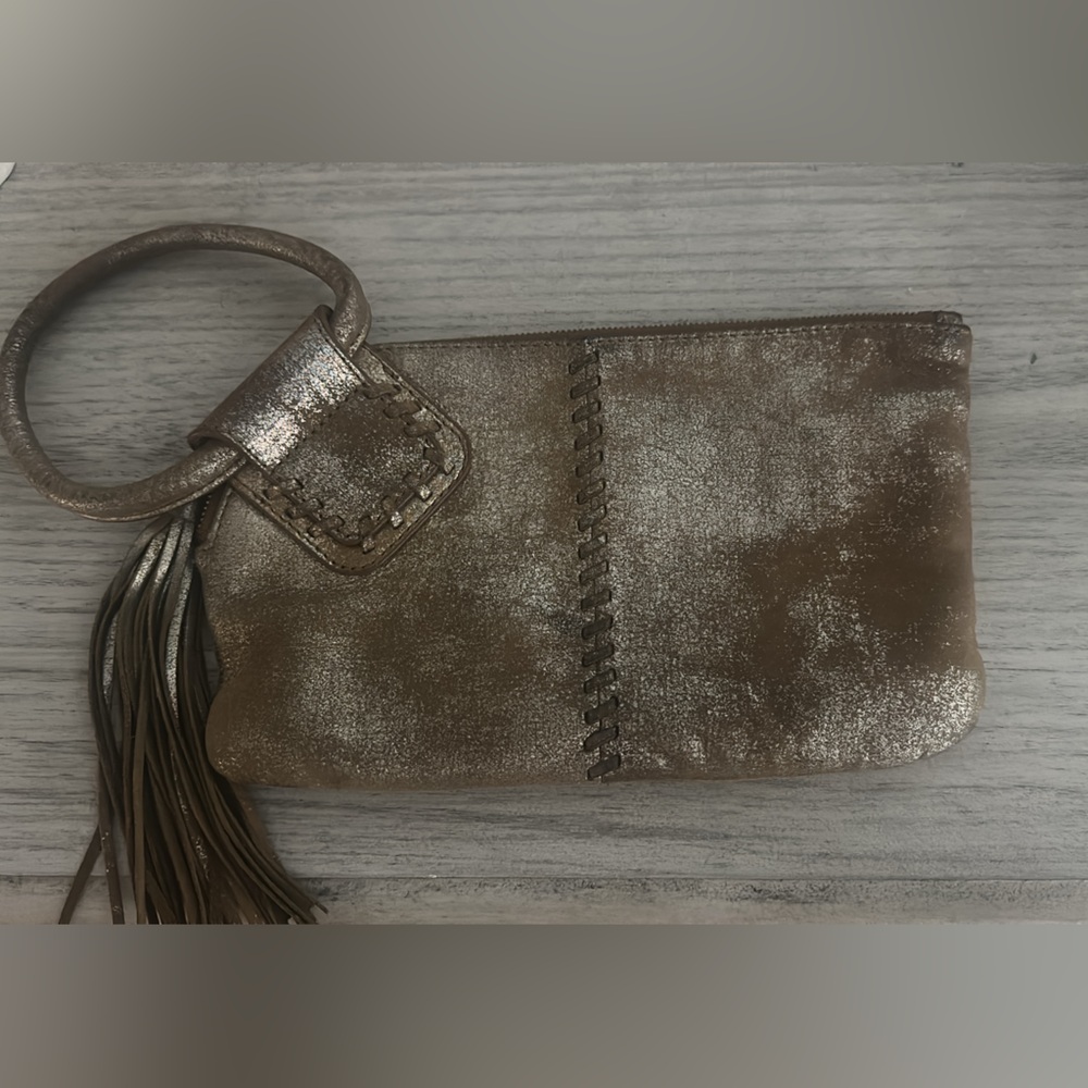 HOBO Metallic Bronze Wristlet Crossbody with Tassel